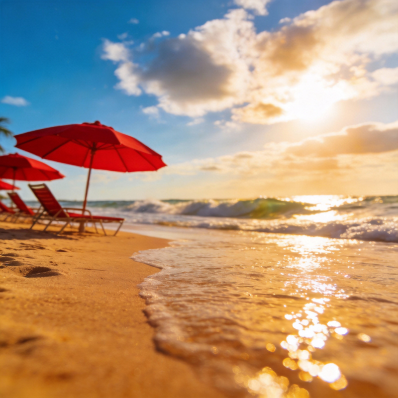 夕阳海滩红伞影图片