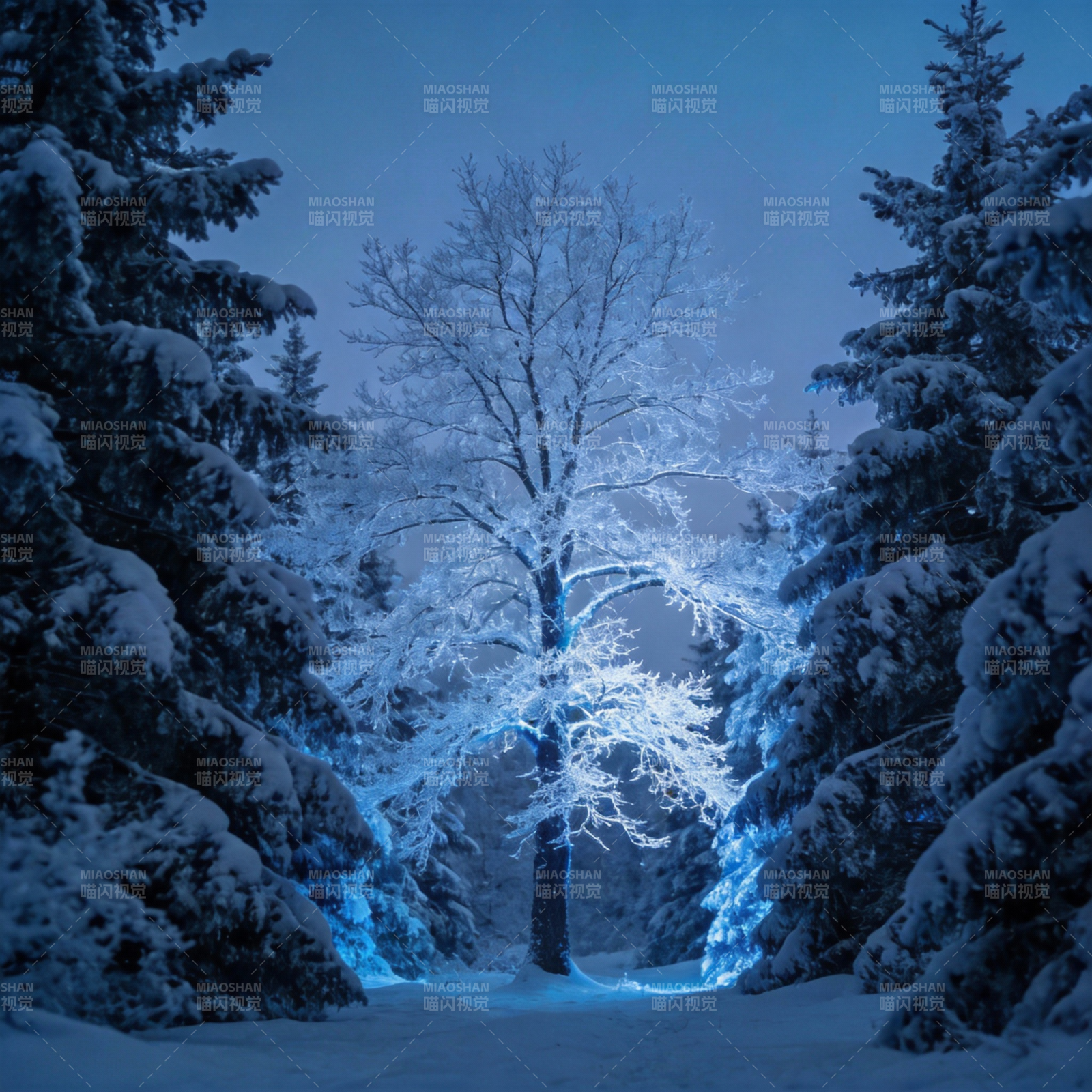 雪夜蓝光树影图片