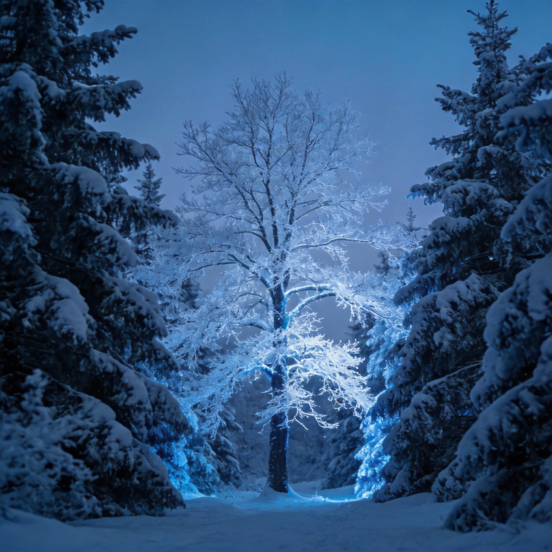 雪夜蓝光树影图片