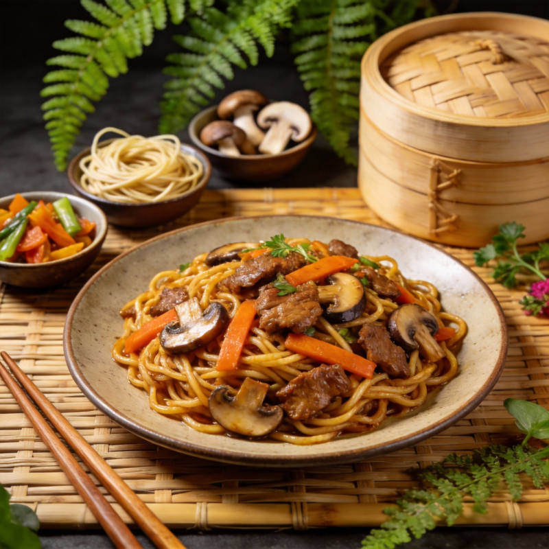 牛肉炒面配菌菇图片