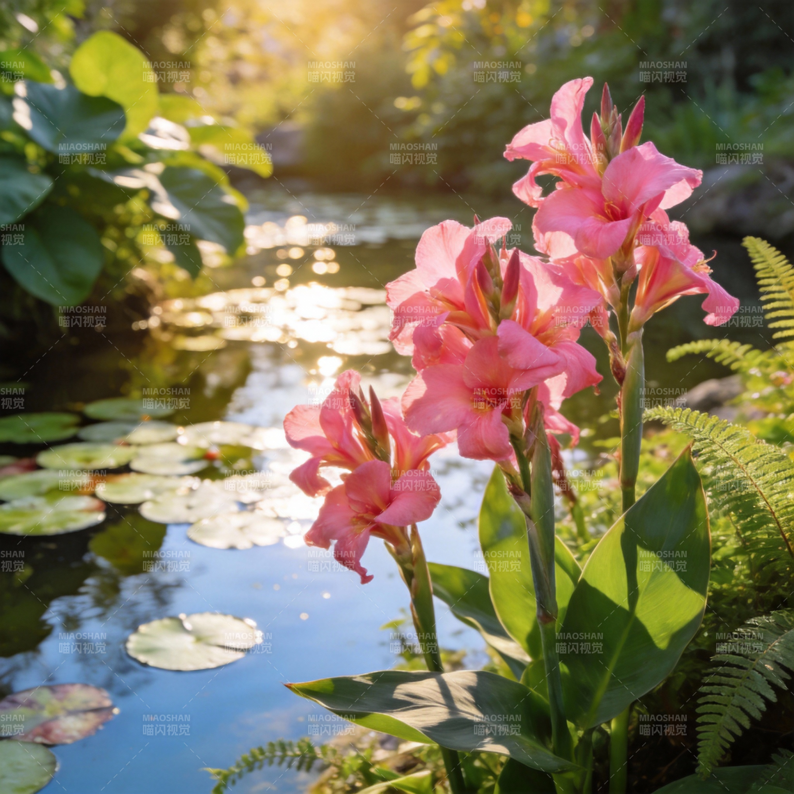 池畔粉花映水光图片