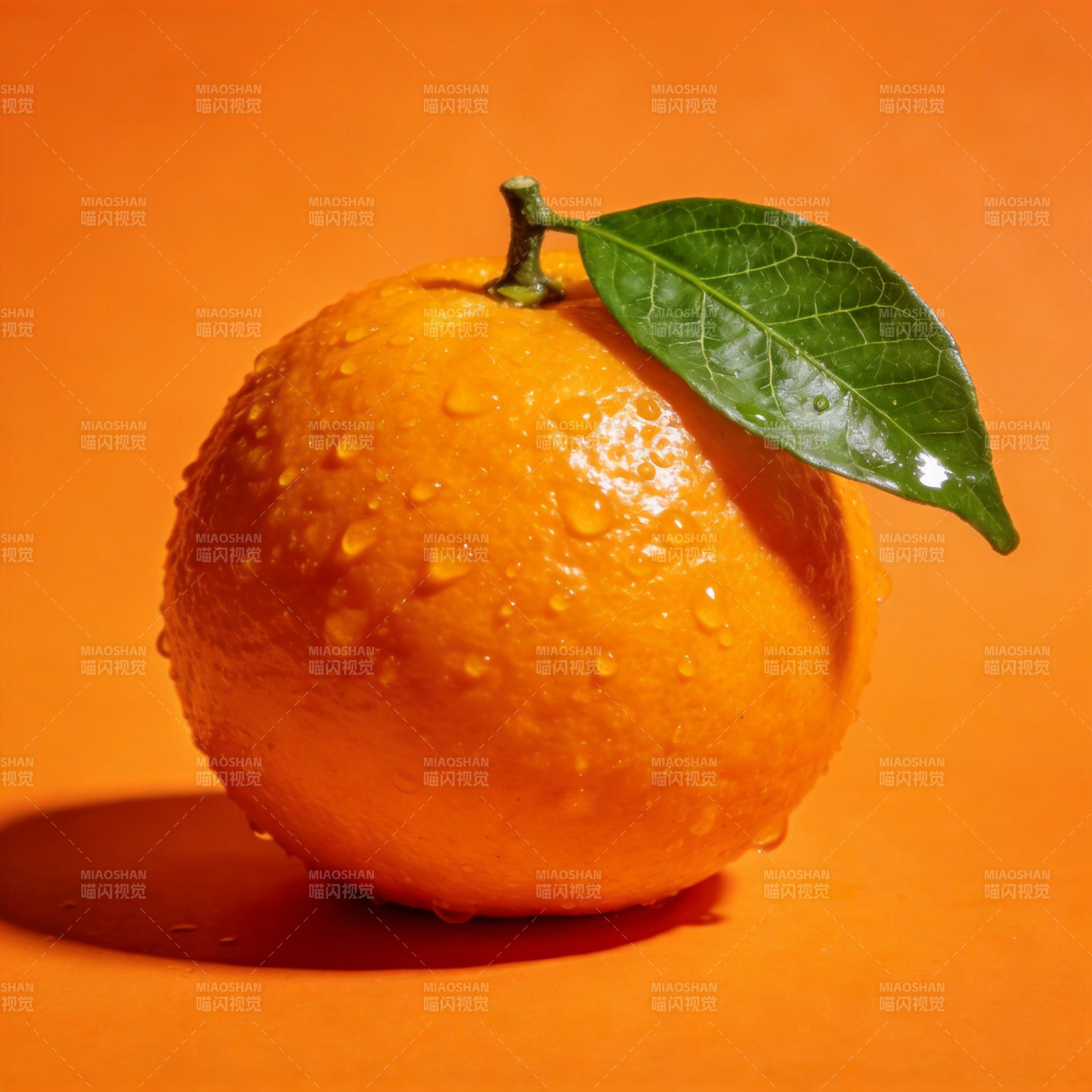 橙子上的水珠与绿叶图片