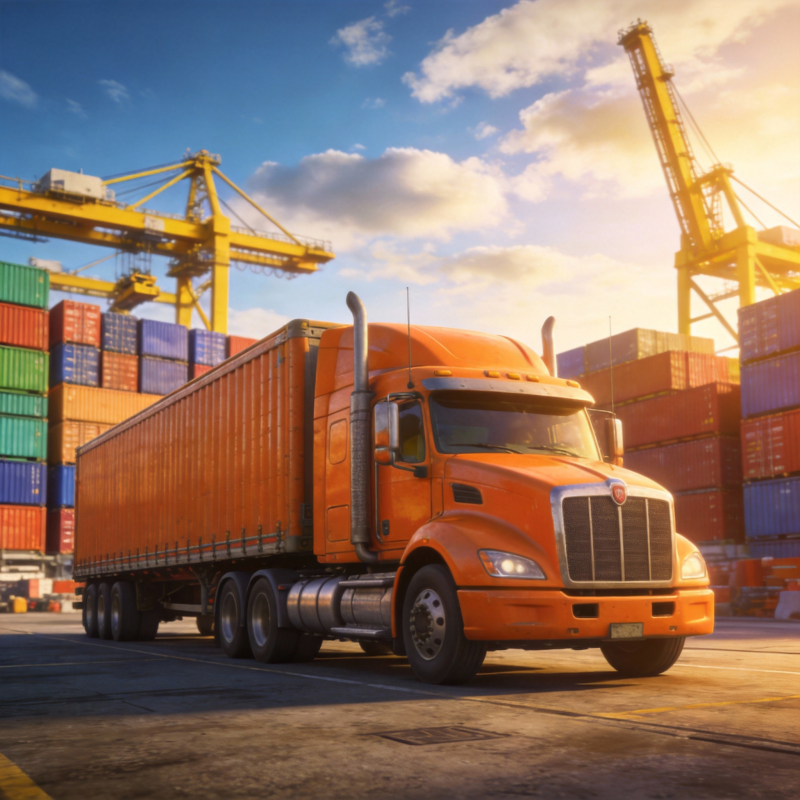 橙色卡车运货场景图片