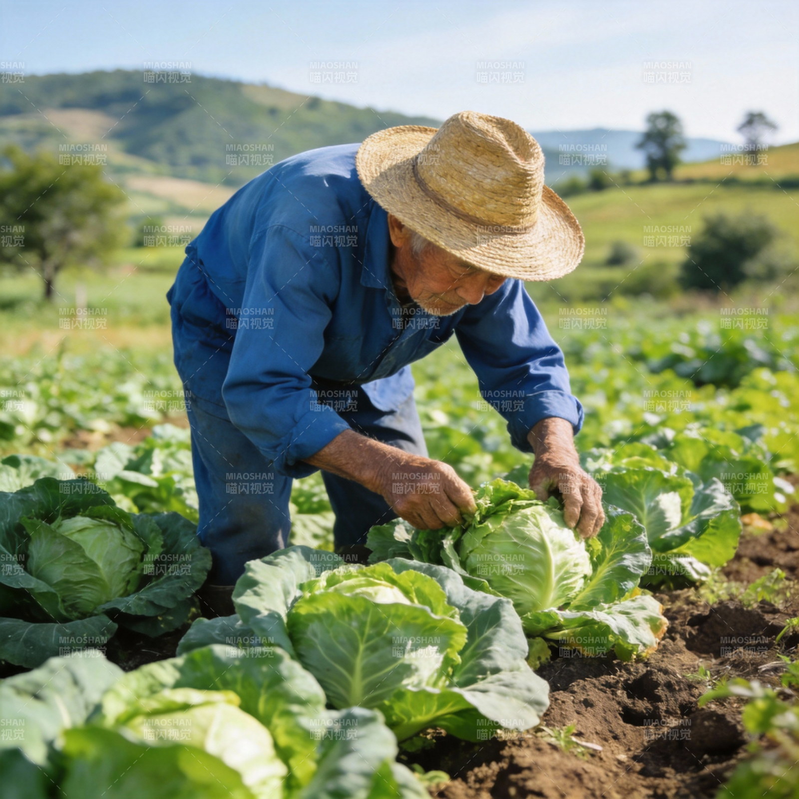 农夫田间采收卷心菜图片