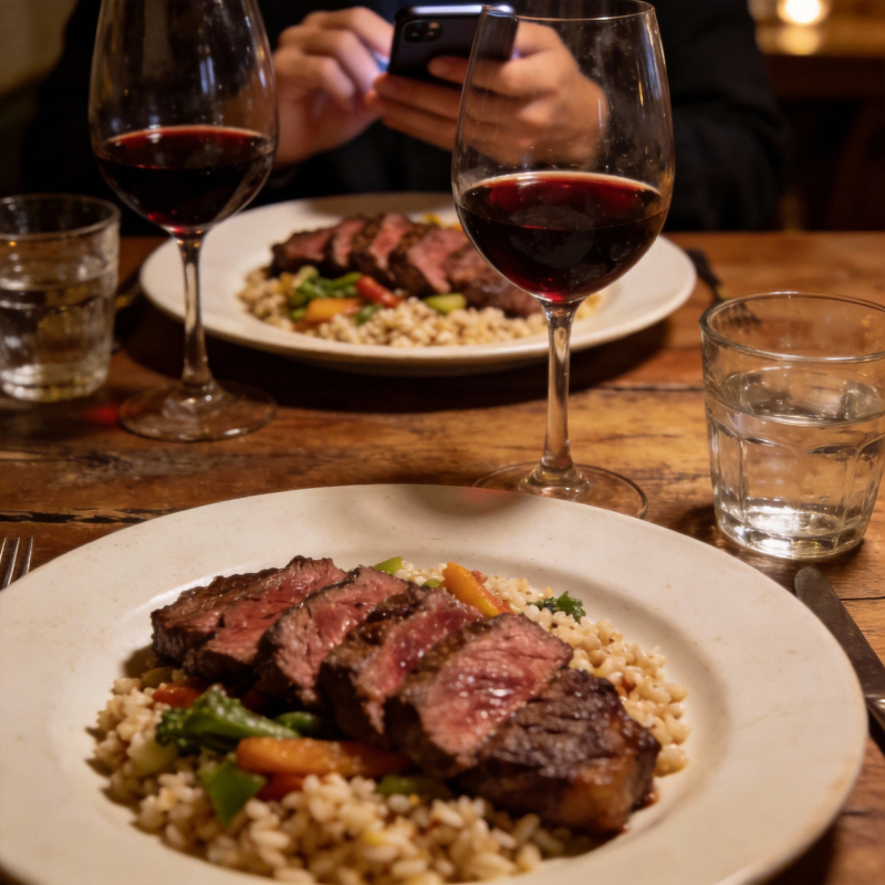 红酒配牛排晚餐图片
