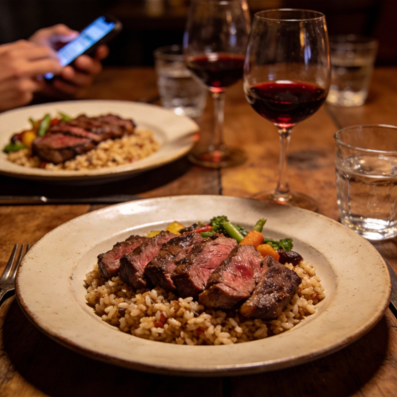 红酒配牛排晚餐图片