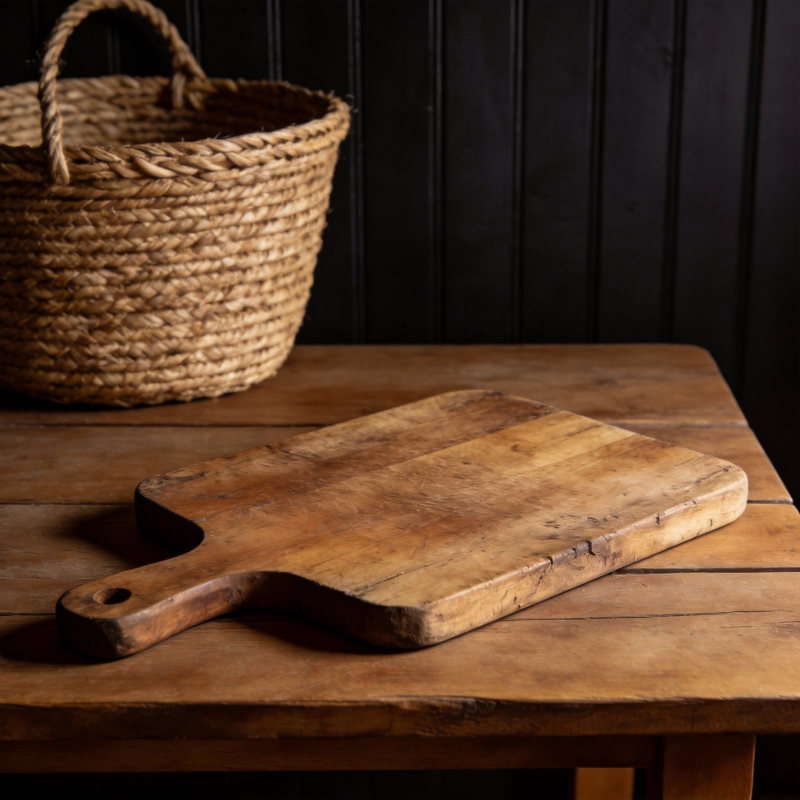 木桌上的砧板与篮子图片