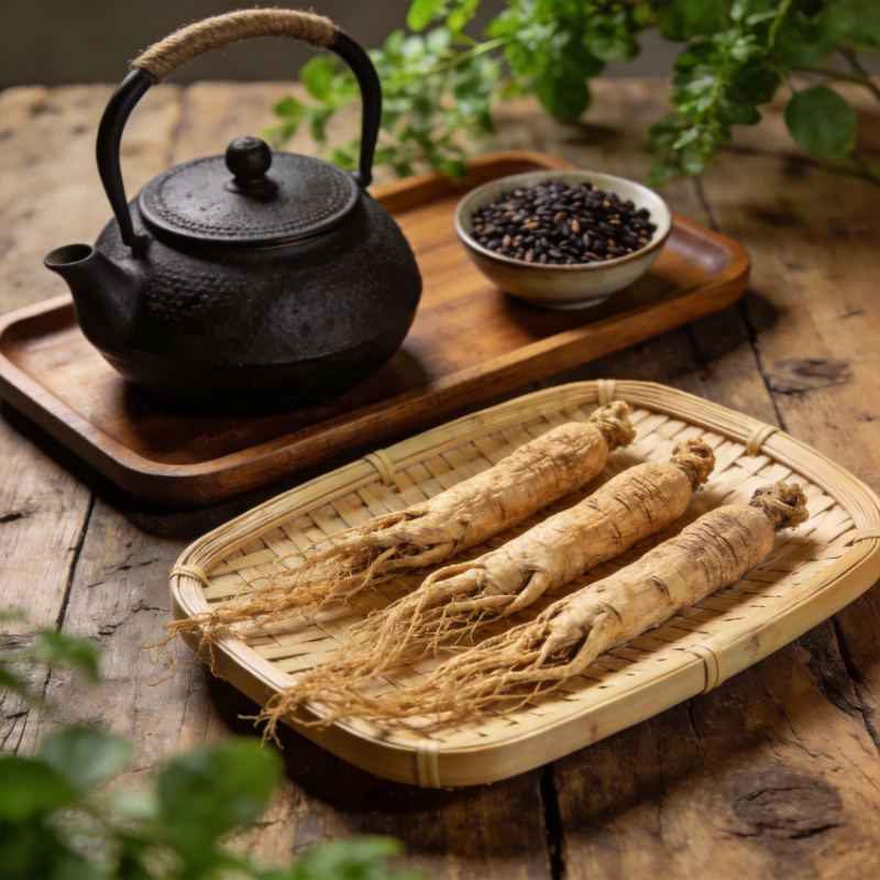 人参茶具静物图片