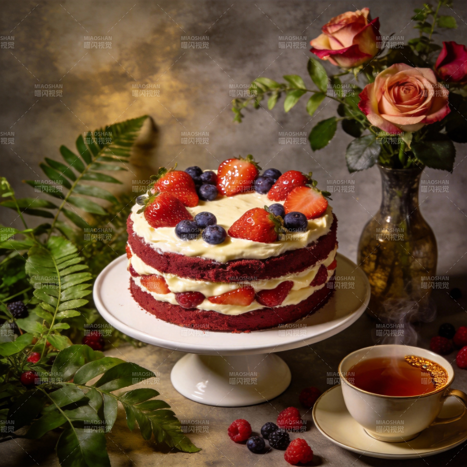 草莓蛋糕与茶香图片