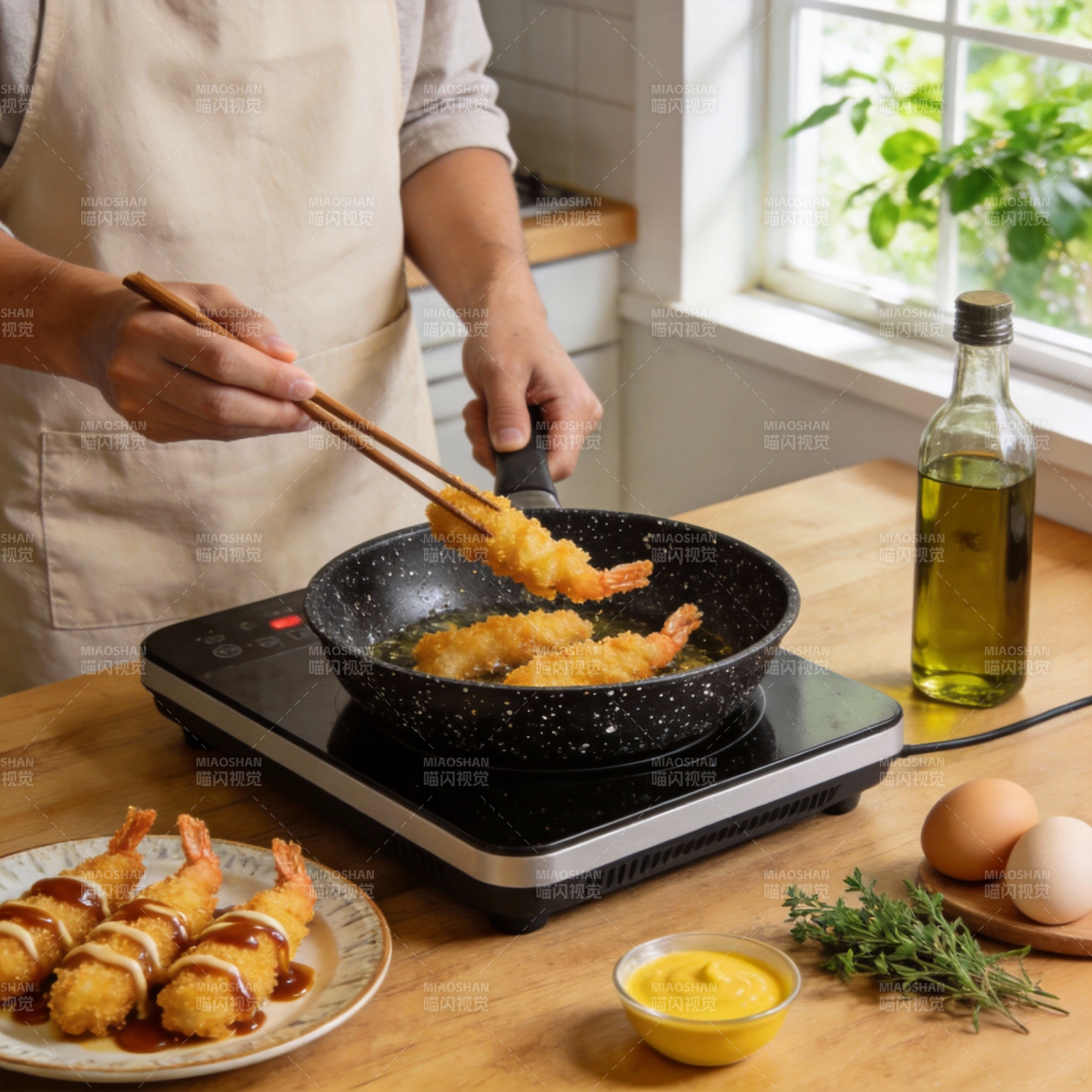 煎虾仁配酱汁图片