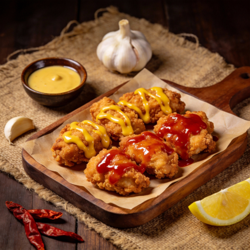 香辣鸡块配酱料图片