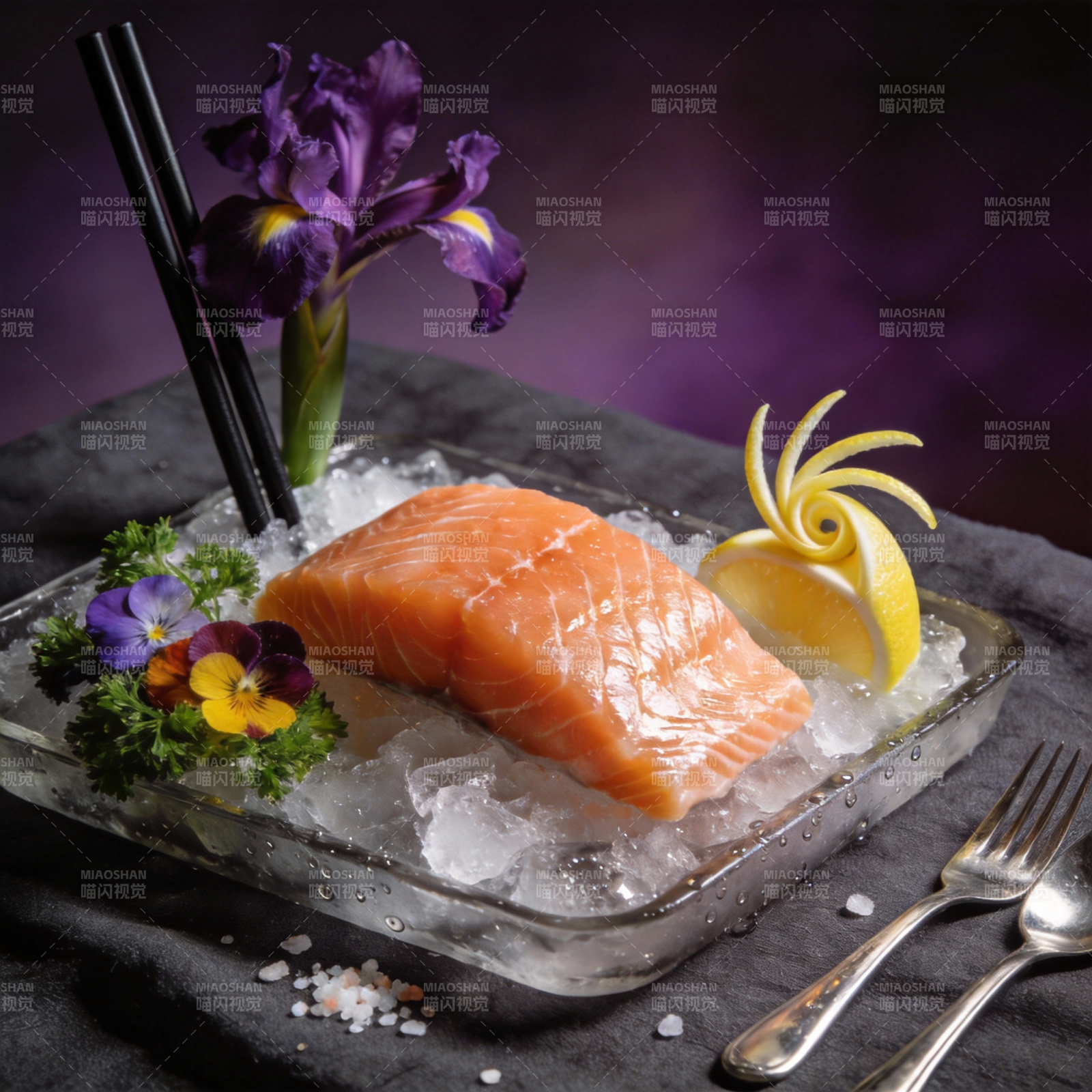 冰镇三文鱼配花饰图片