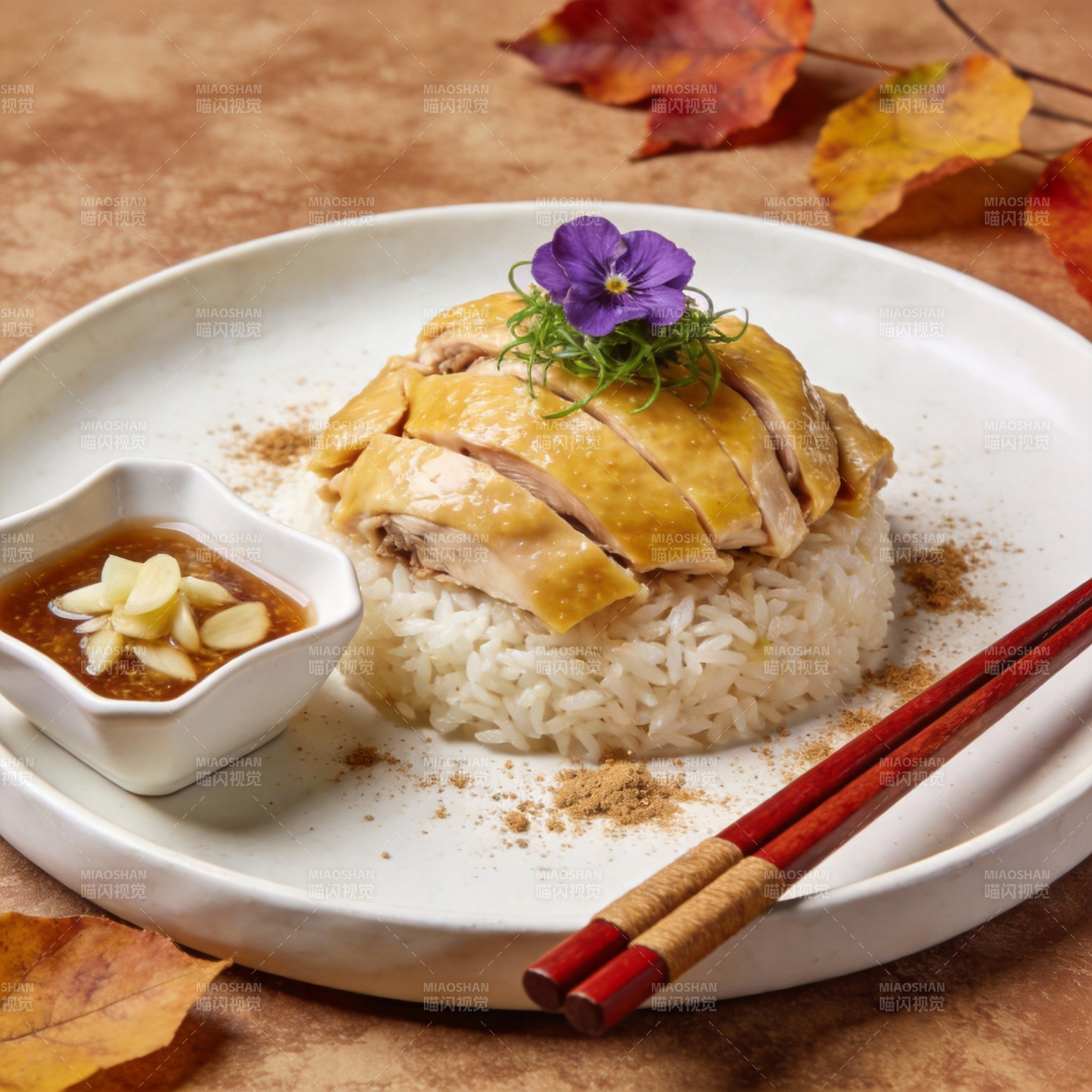 白切鸡饭配紫花图片