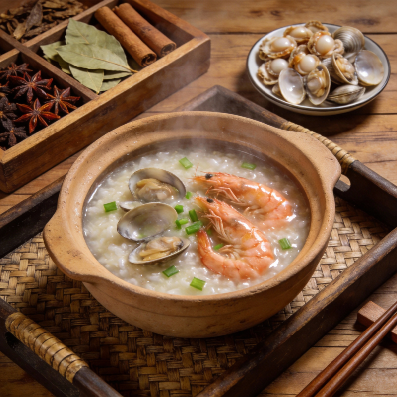 海鲜粥配虾与蛤蜊图片