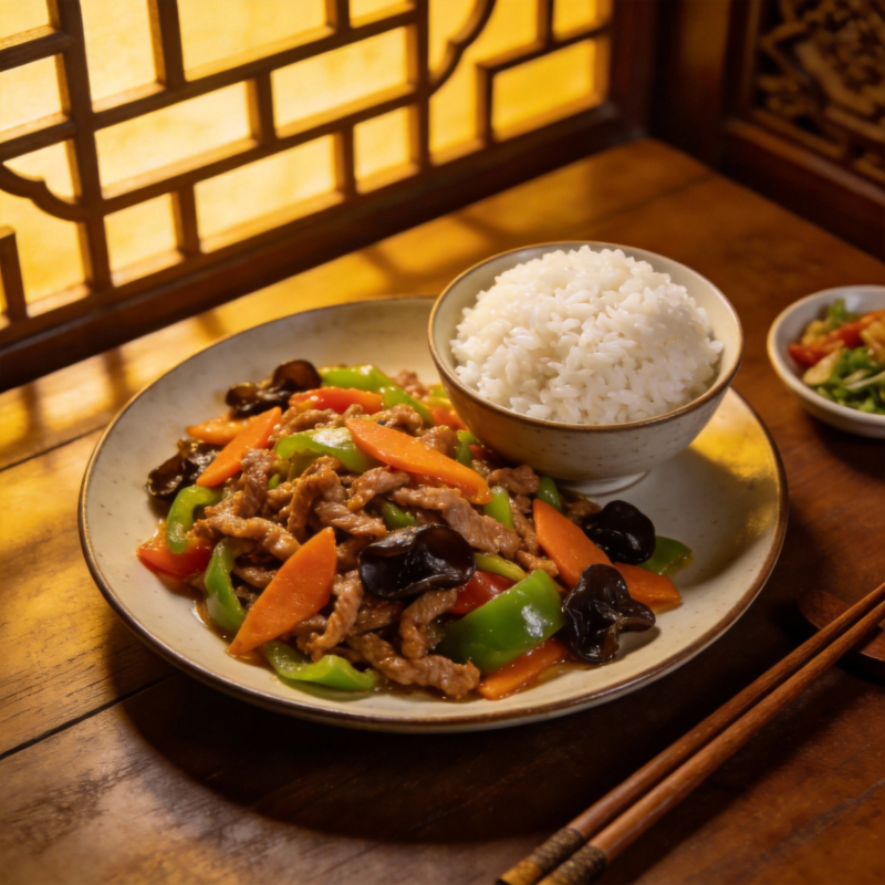 中式炒肉配米饭图片