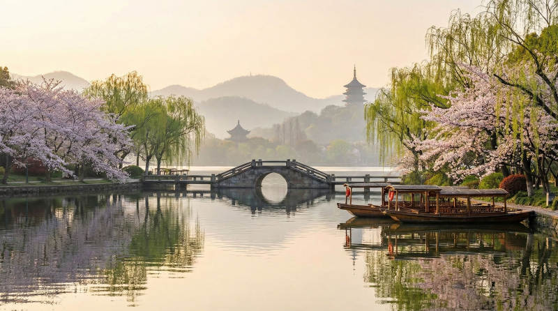 春日湖畔美景图片