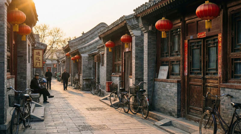 胡同晨光 红灯映巷图片