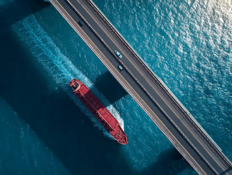 桥下红船行图片