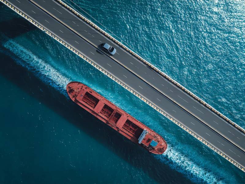 桥上车行 海中船过图片