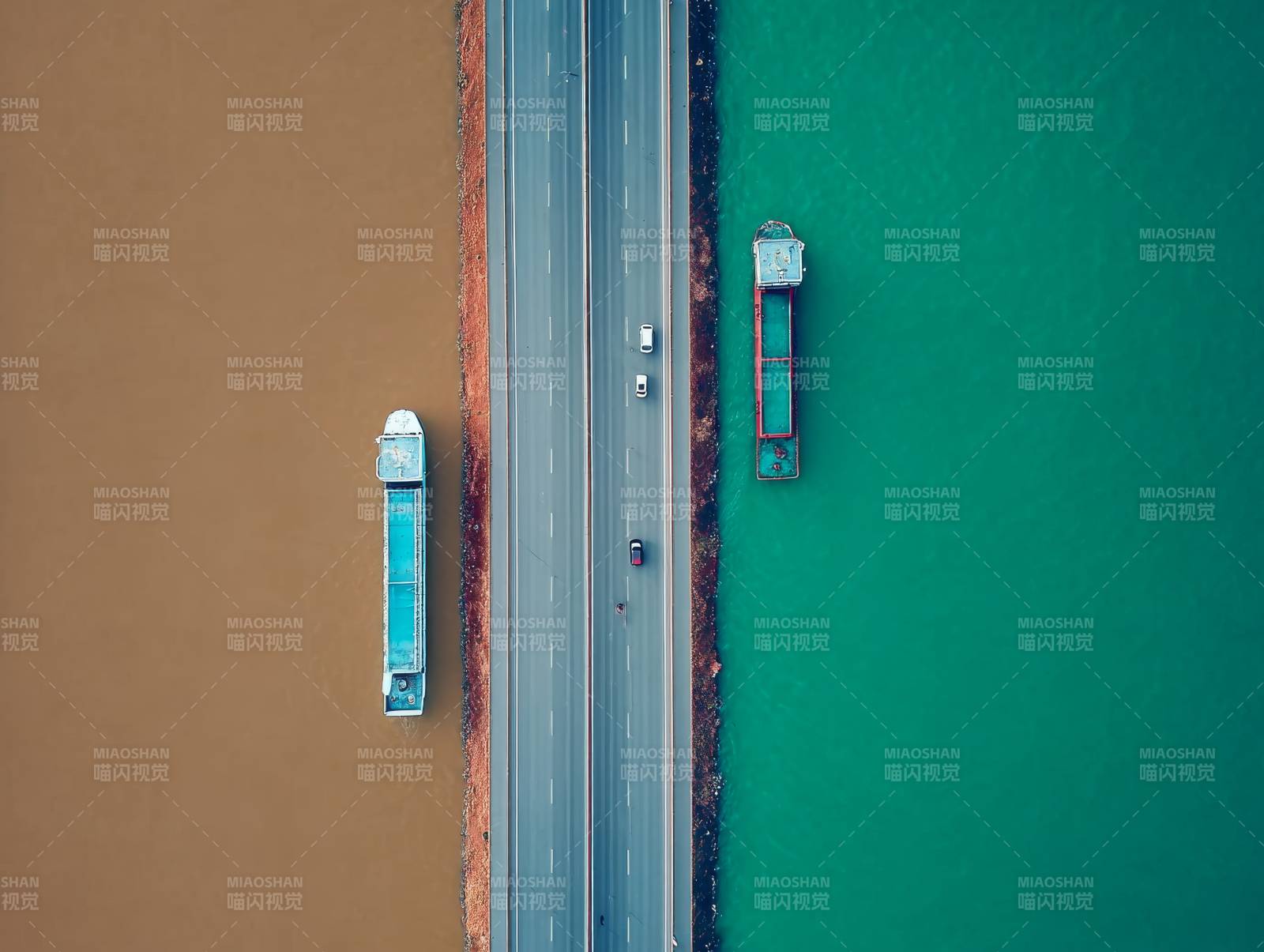 航拍双河公路船影图片