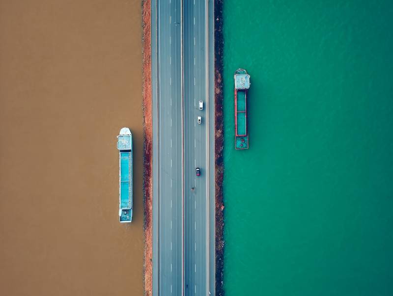 航拍双河公路船影图片