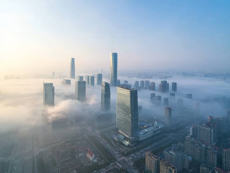 云雾中的城市天际线图片