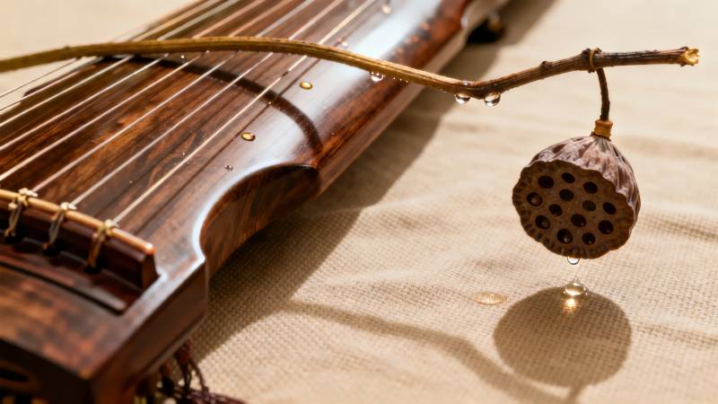 古琴与莲蓬静物图片