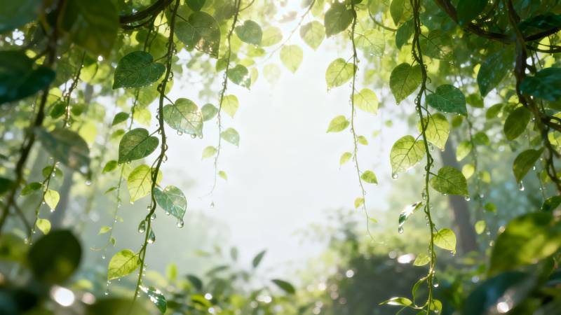 晨光穿透绿叶图片