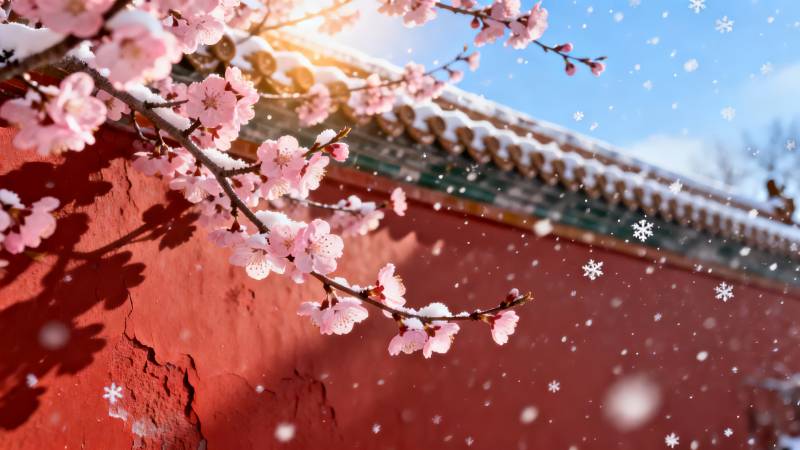 雪中樱花绽放图片