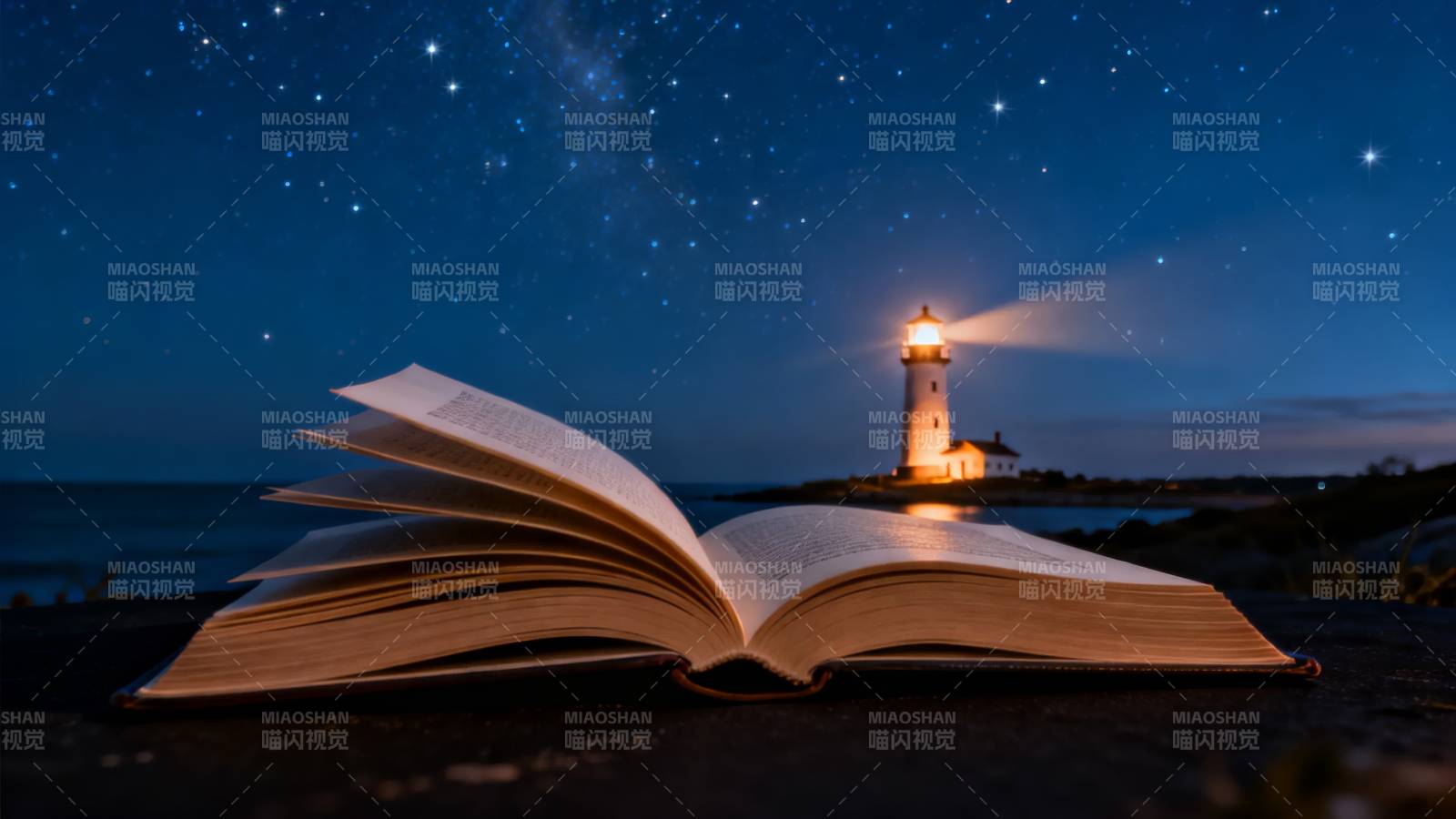 书页间的灯塔夜景图片