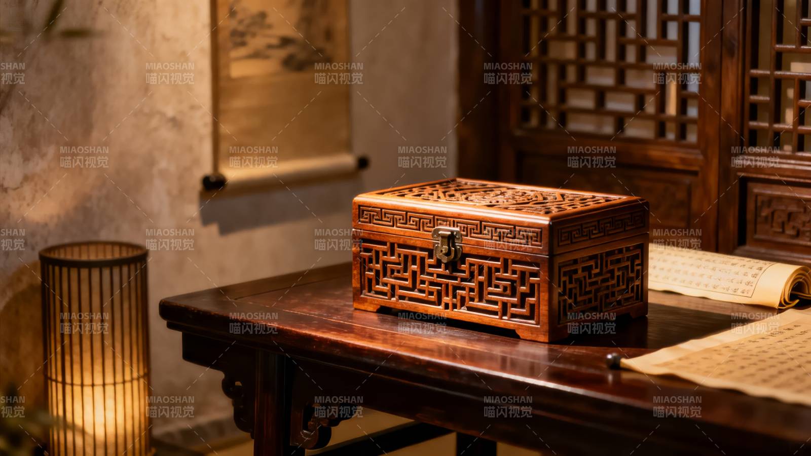 古韵木盒静置案上图片