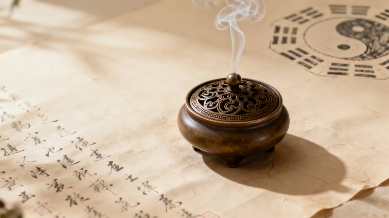 香炉轻烟古卷旁图片