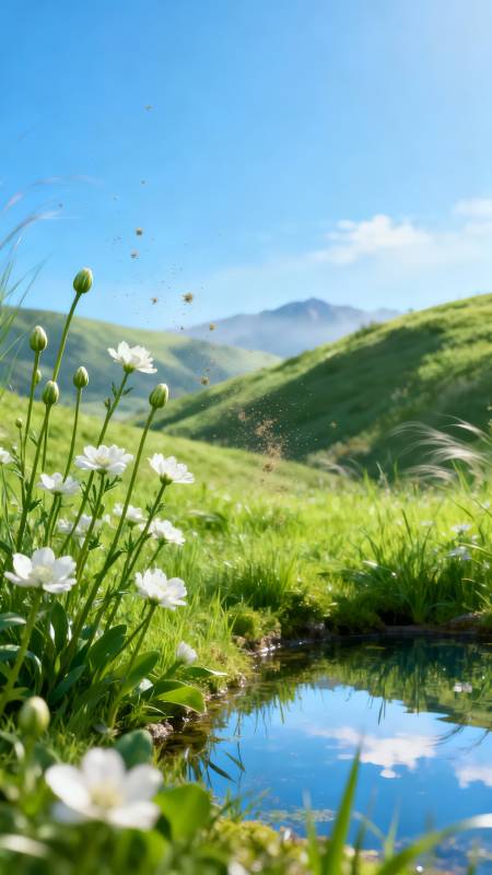 山野春花映碧水图片