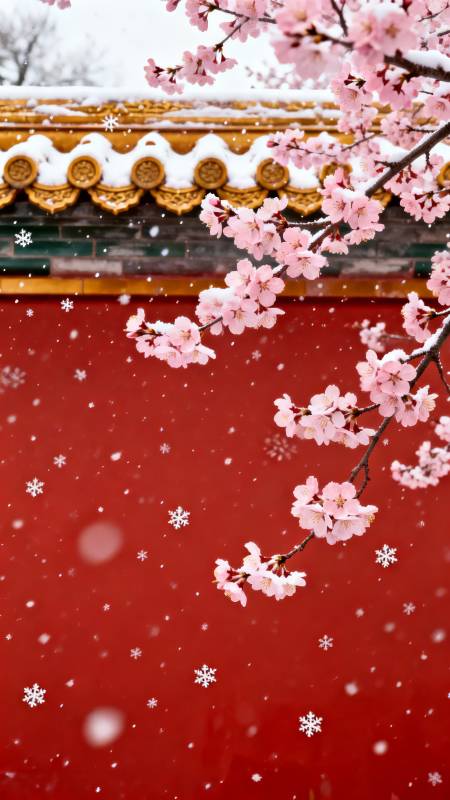 雪中樱花绽放图片