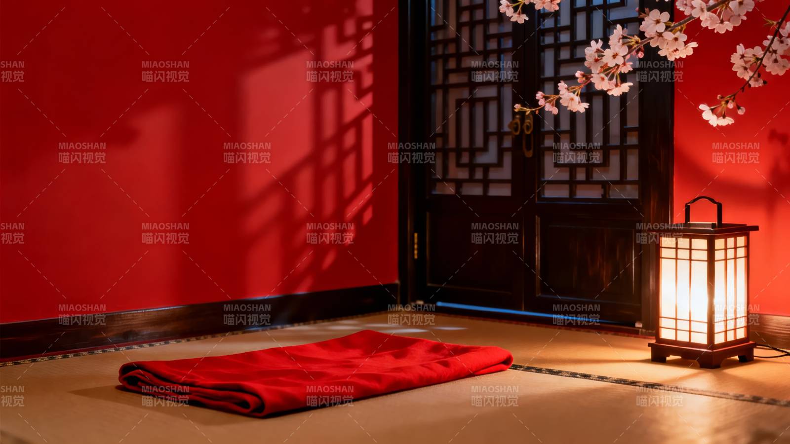 红墙映影 灯下樱花图片