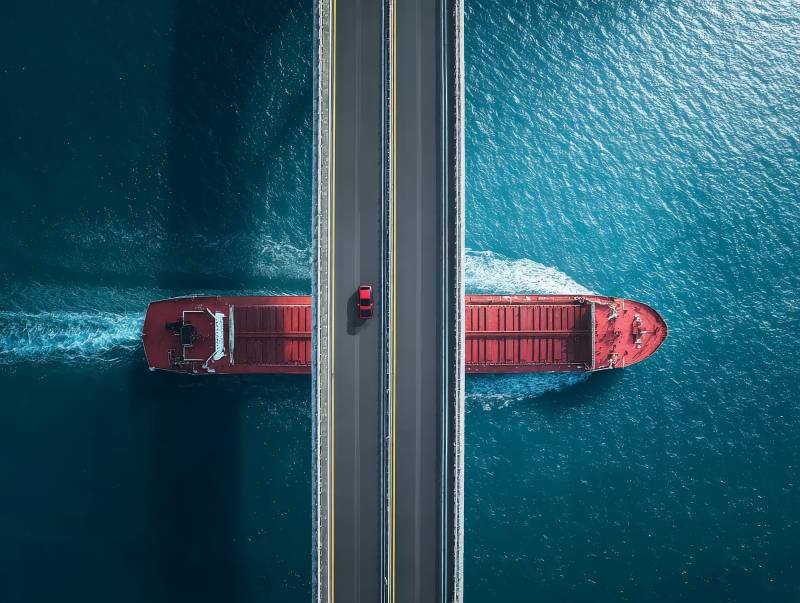 桥上车行 船下穿行图片