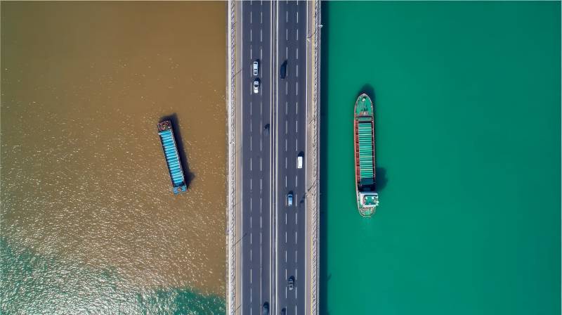 桥上车流 两岸船行图片