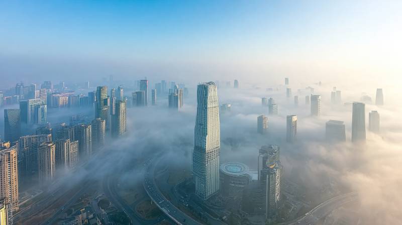 云雾中的城市天际线图片