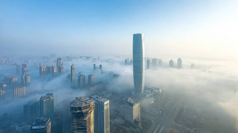 雾中城市天际线图片