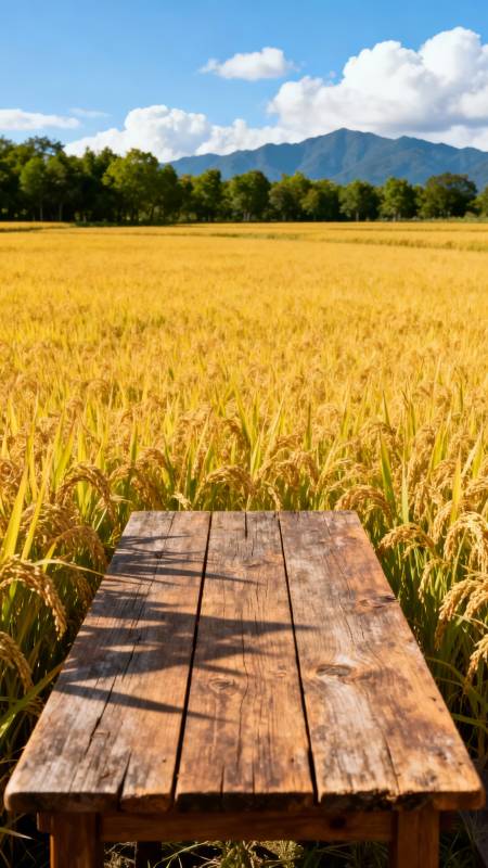 稻田木桌静景图片