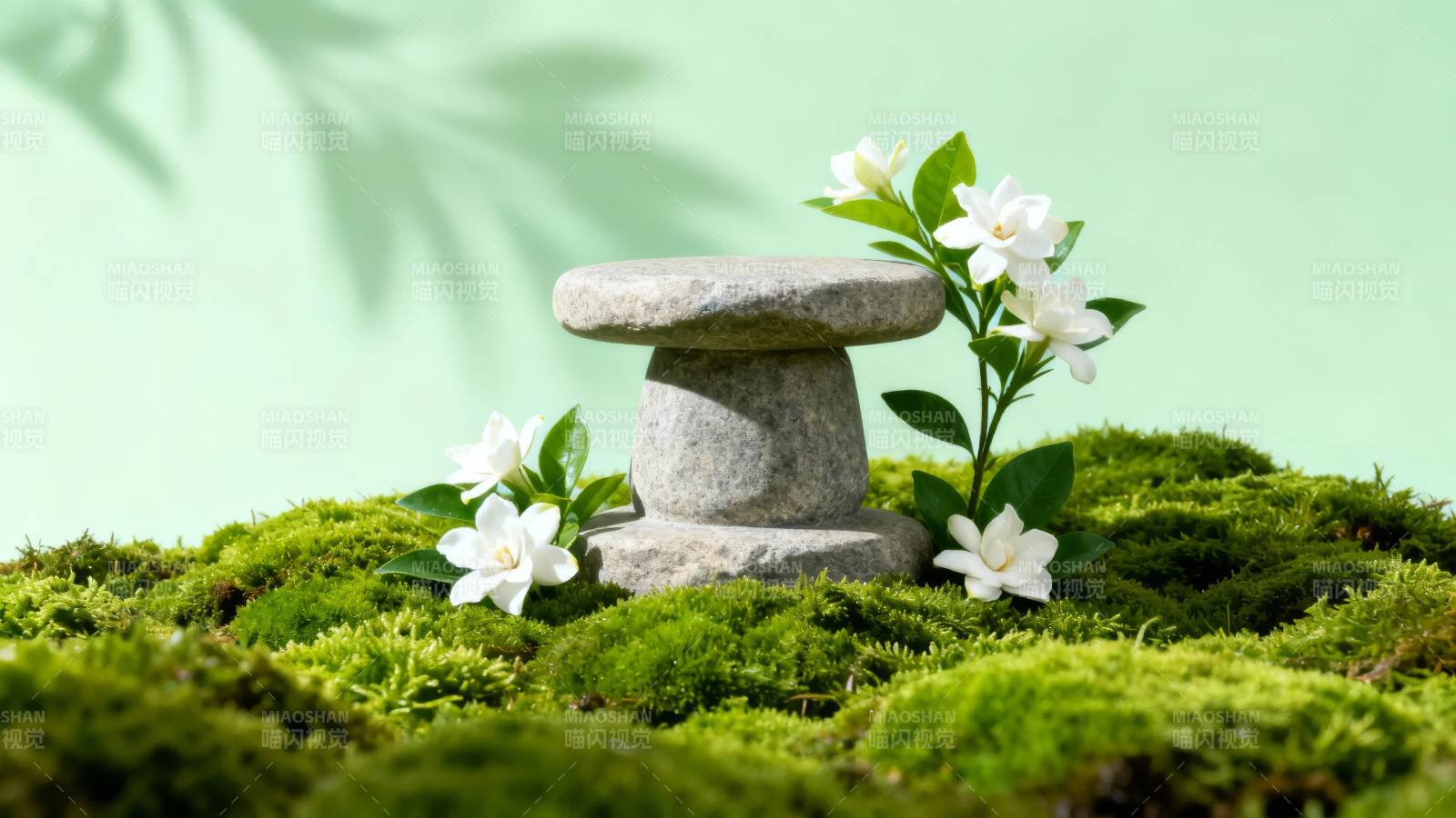 石凳花影 绿意盎然图片