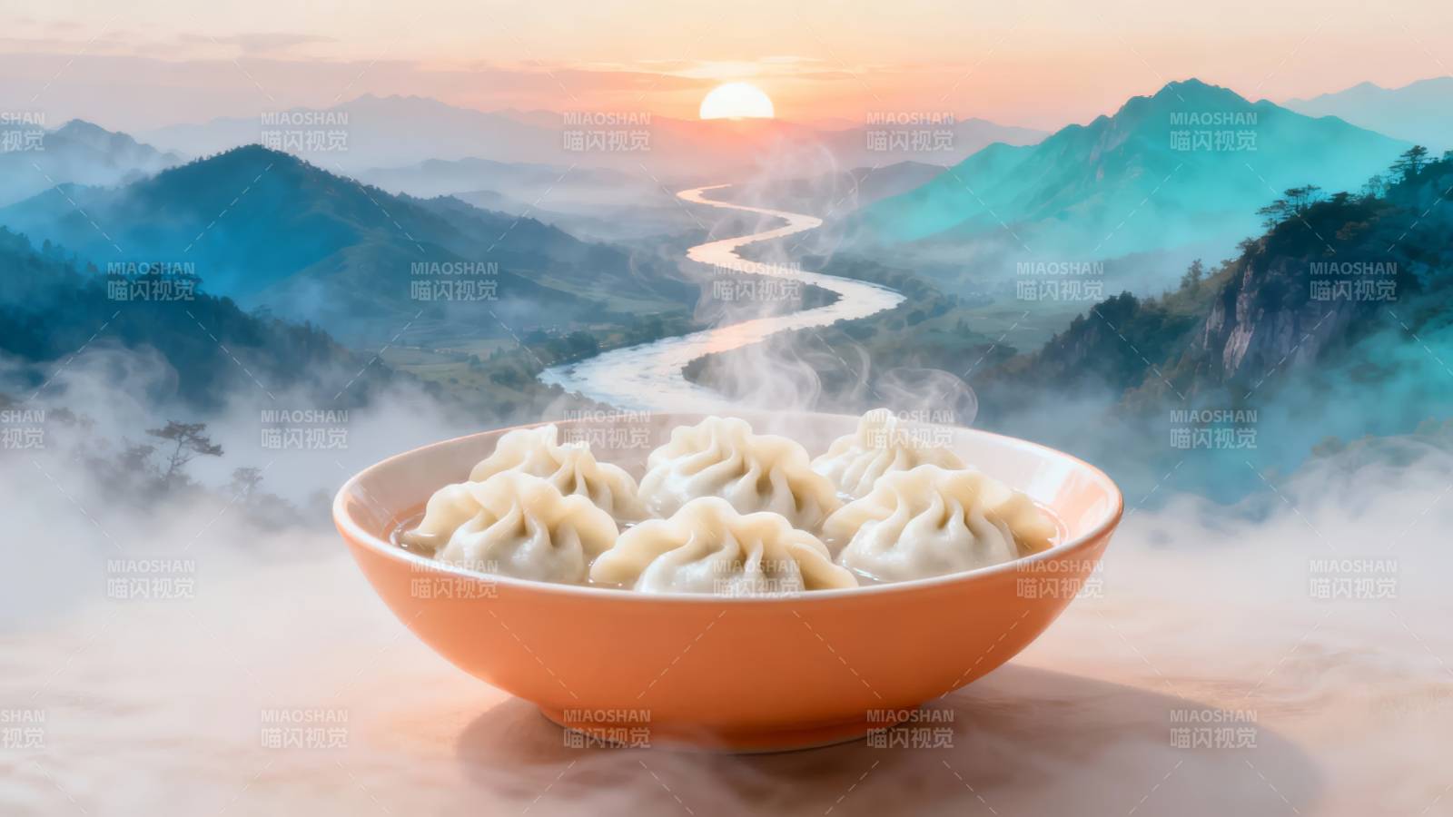 山间蒸饺晨曦图图片