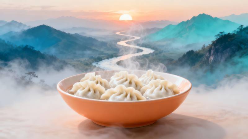 山间蒸饺晨曦图图片