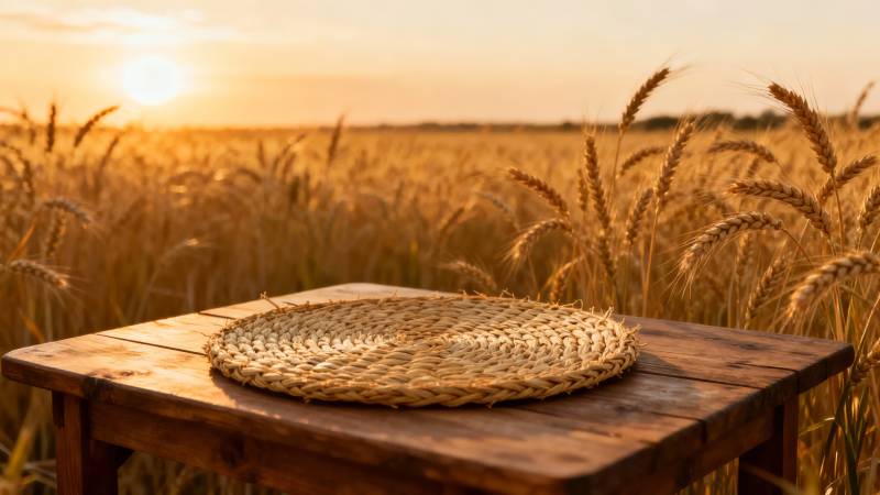 麦田夕阳下的木桌图片