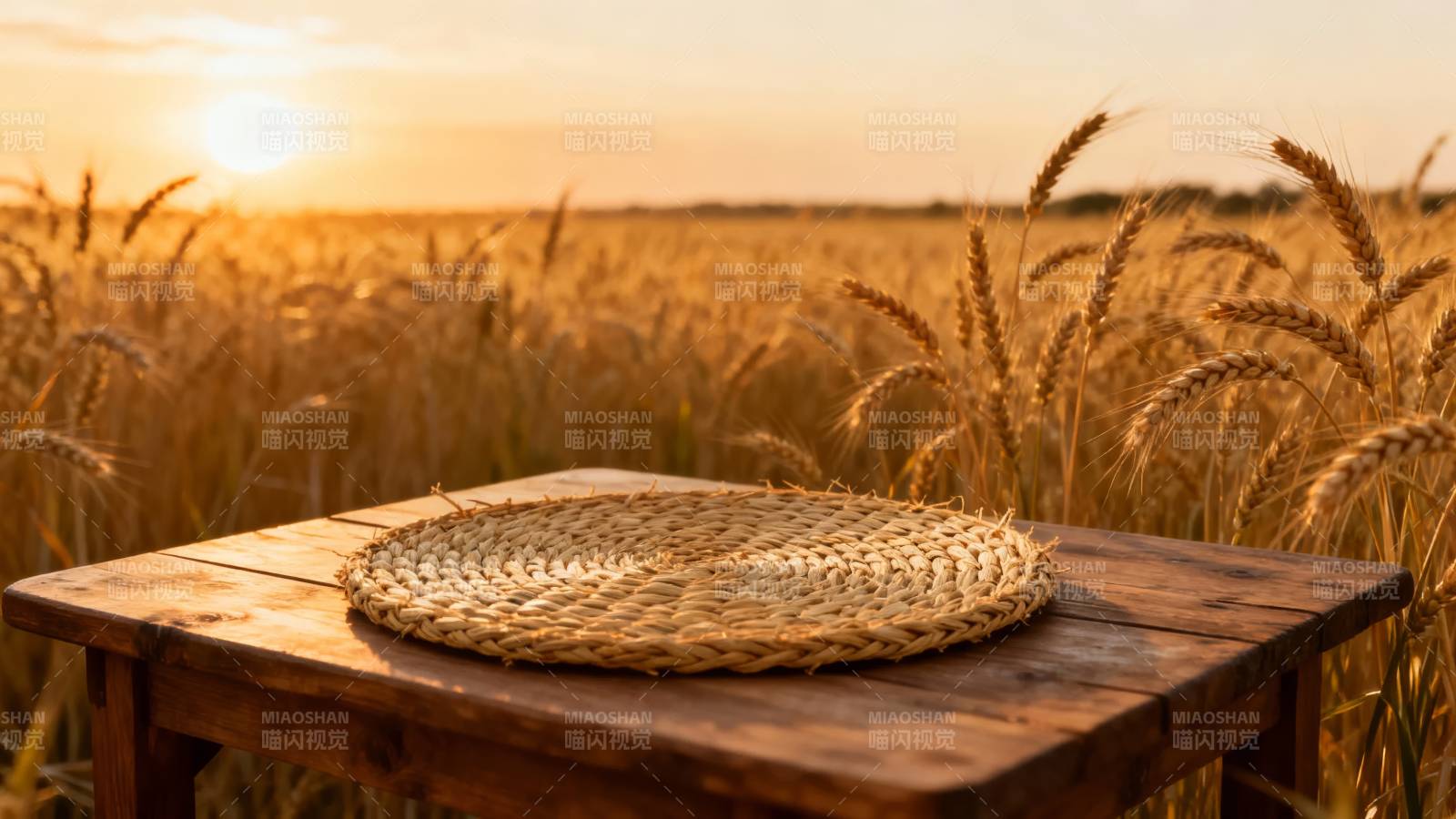 麦田夕阳下的木桌图片