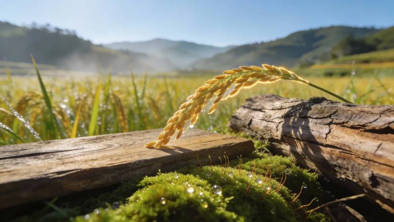 稻穗轻倚木桩图片