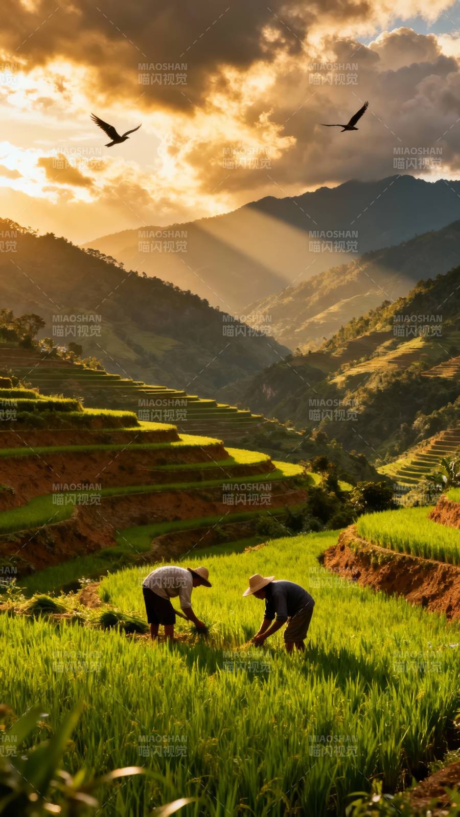 梯田劳作夕阳美图片