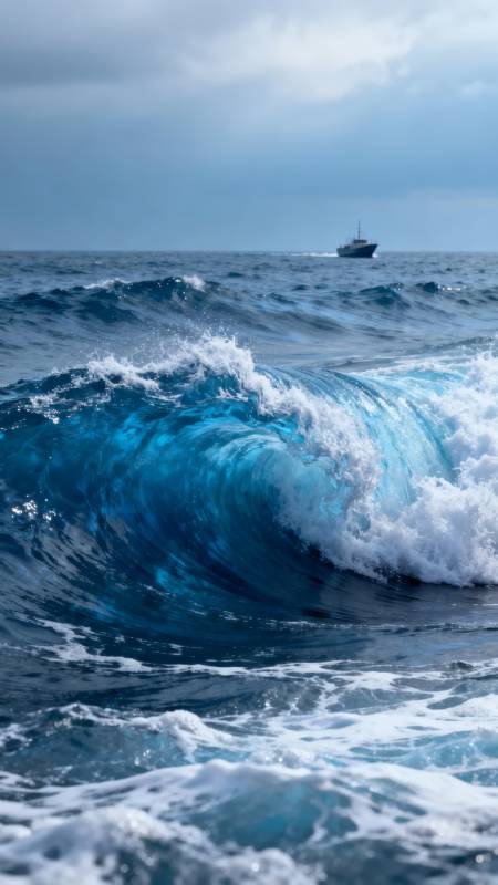 海浪卷起 船影远行图片