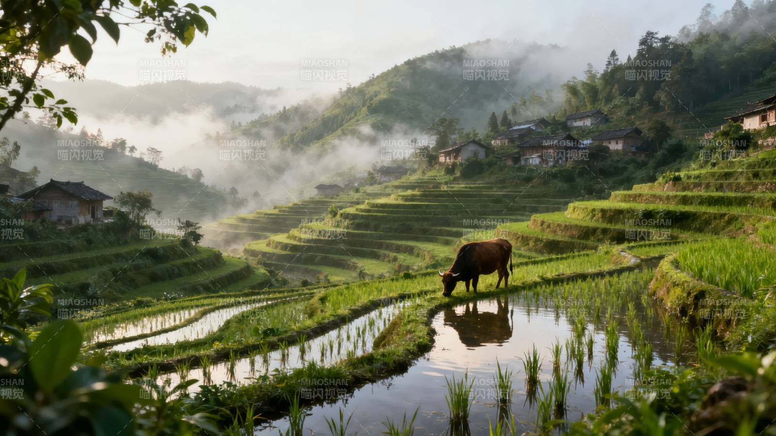 梯田晨雾牧牛图图片