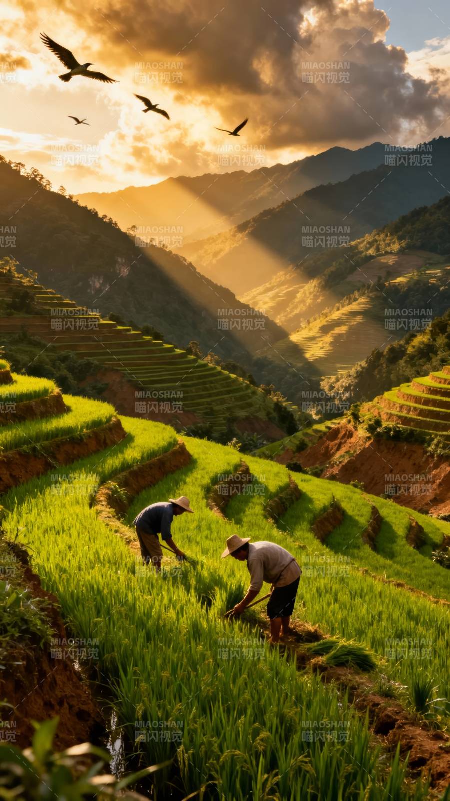 梯田劳作夕阳下图片